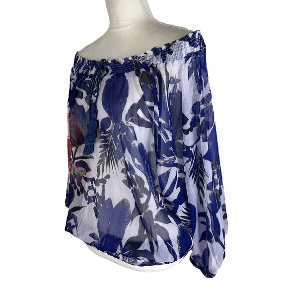 Desigual Off-Shoulder Tassel Tie Front Peasant Blouse Sheer Floral Size Medium - Picture 5 of 9